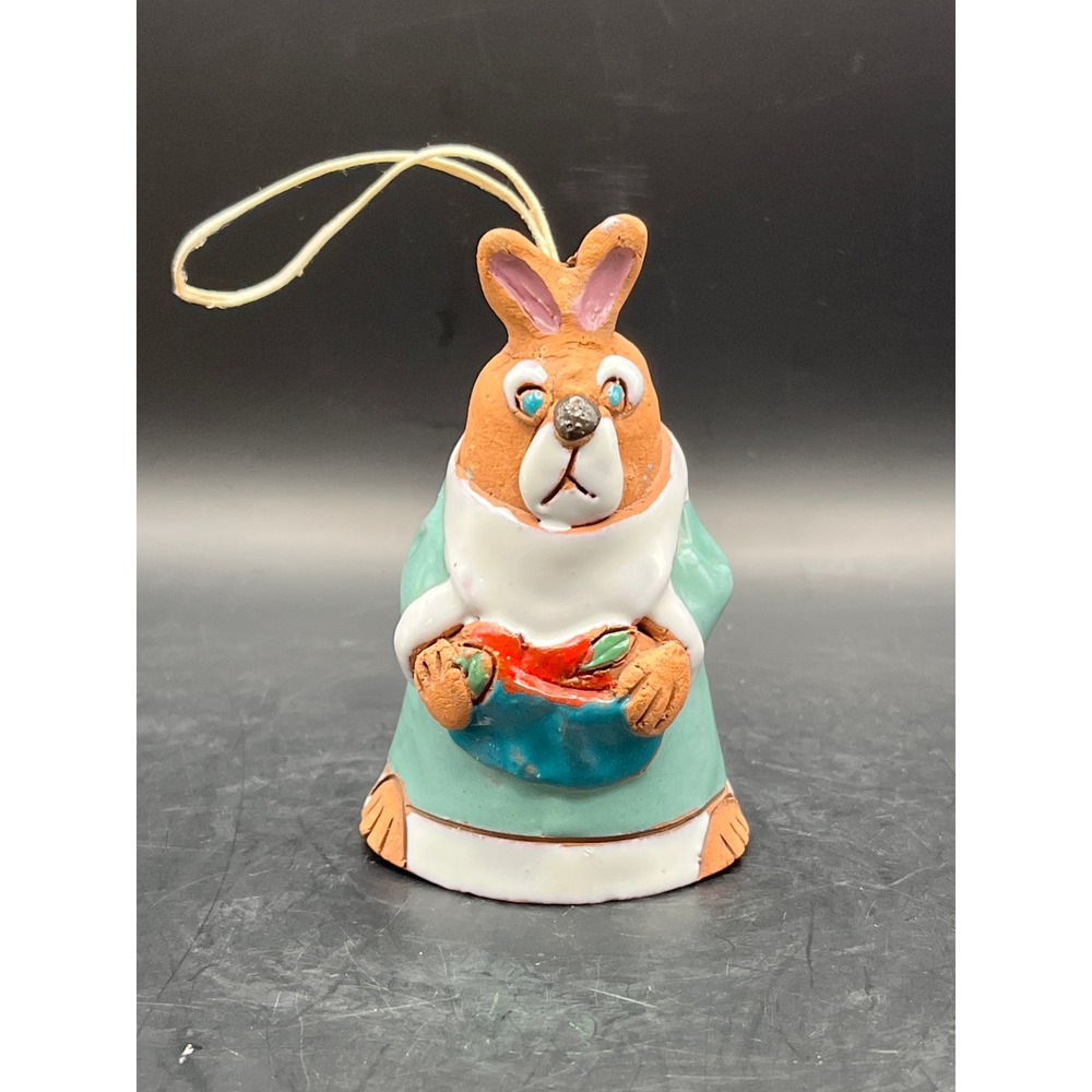 Vtg. Clay Glazed Pottery Bunny Rabbit Figurine Bell Ornament Teal Fruit‎ 3.25"
